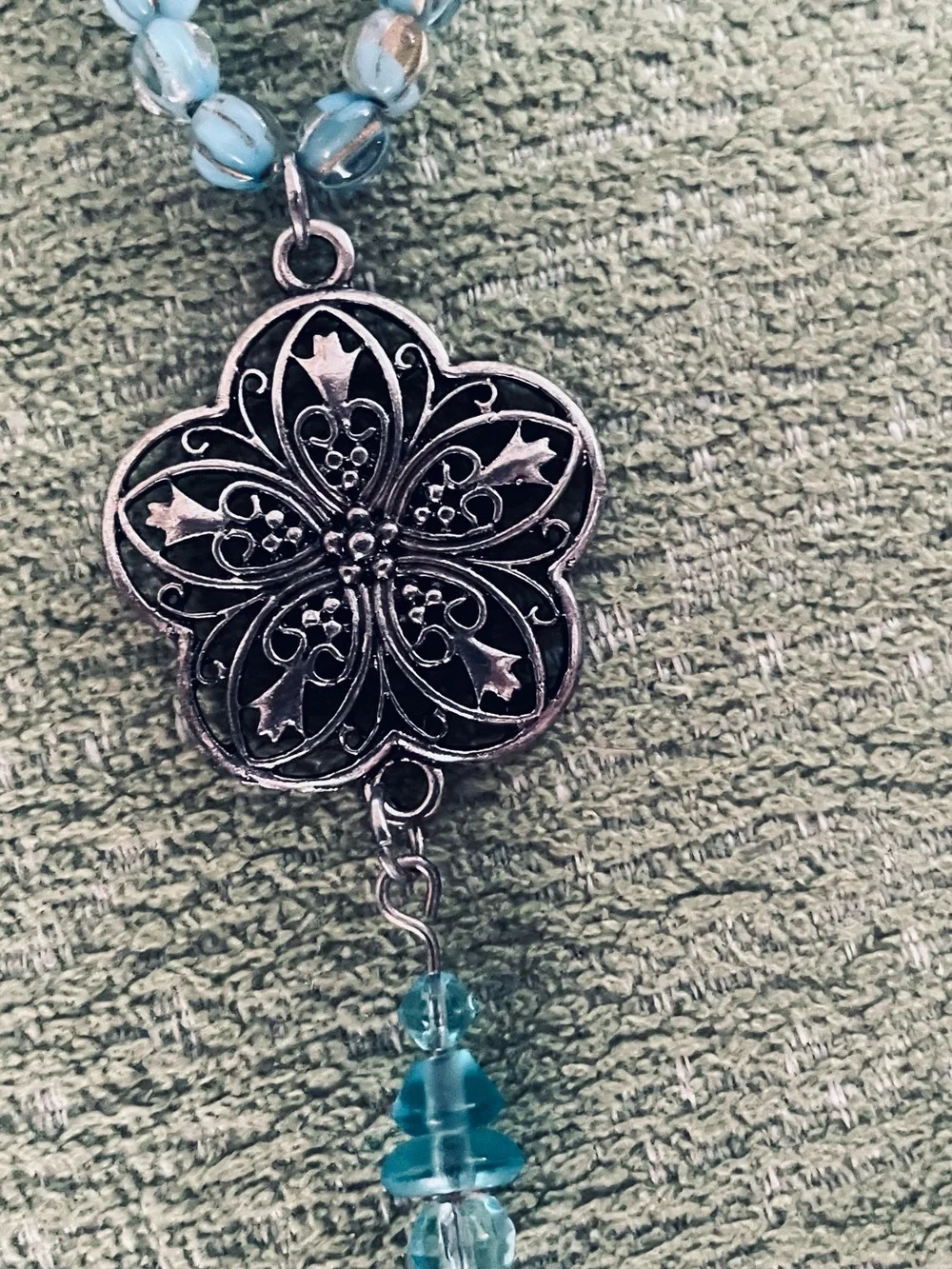 Blue Beaded Necklace with Floral Filigree Pendant